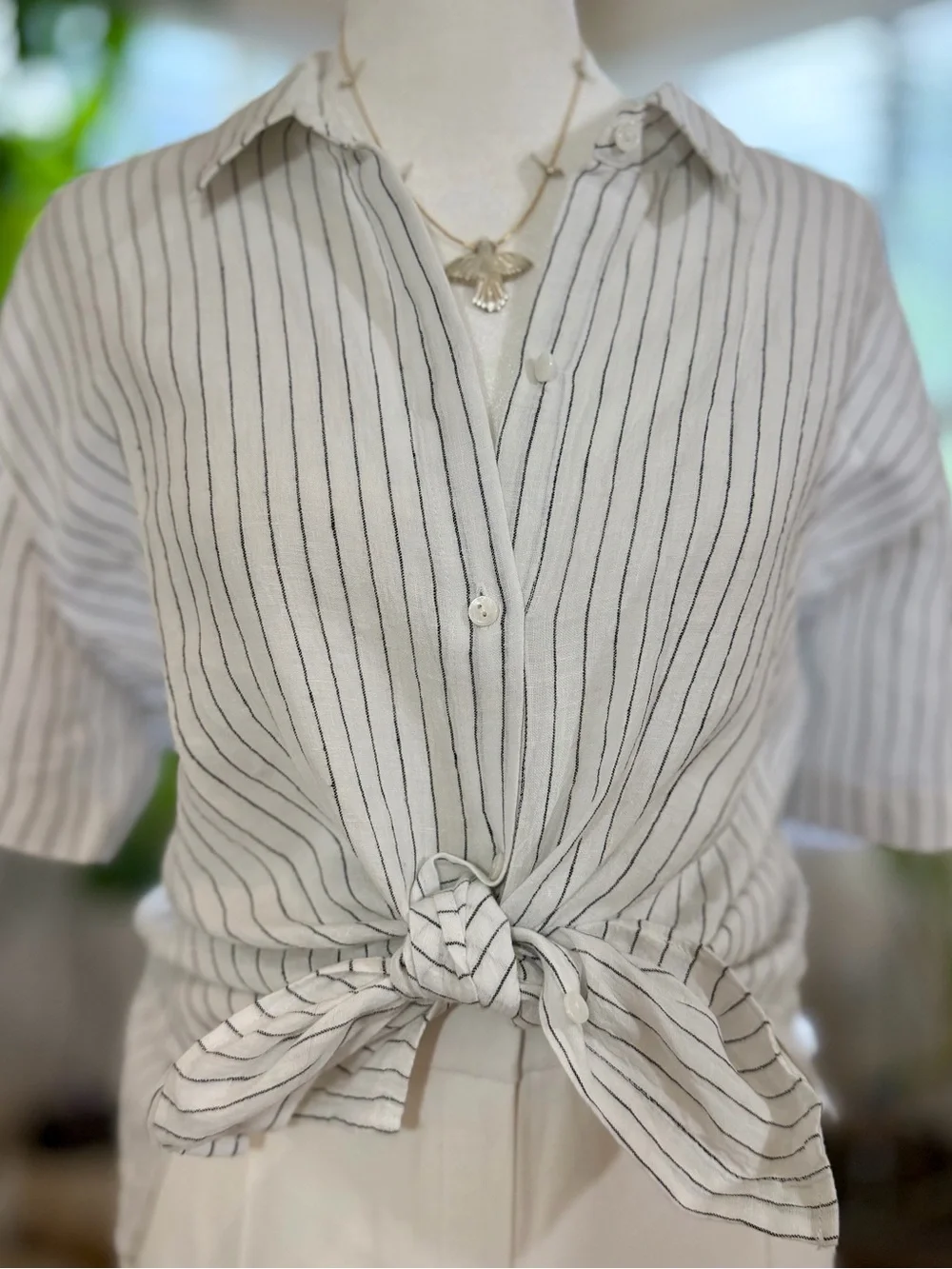 Eileen Fisher White Button-Down Shirt with Black Pinstripes - Picture 2 of 10